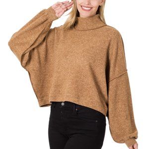 Camel Brushed Melange Hacci Mock Neck Cropped Sweater